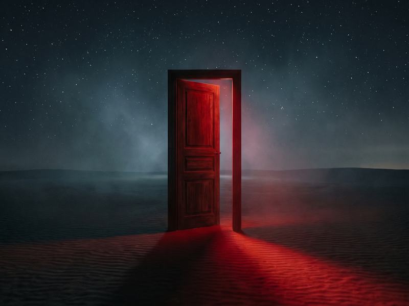 A red-lit doorway alone in the desert at night, AI dreamscape